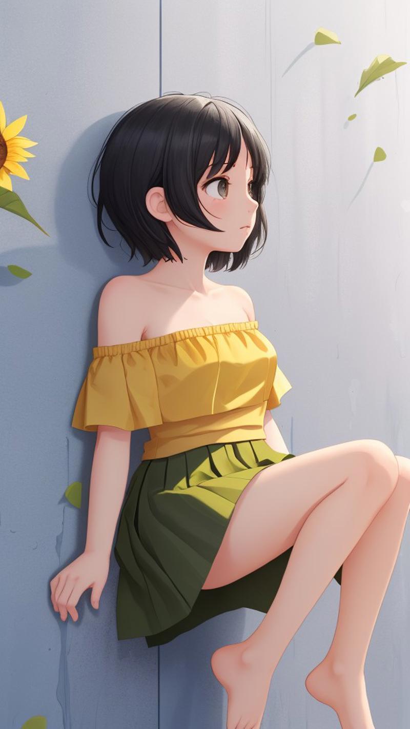 00051-1girl sunflower solo flower barefoot wall short hair.jpg